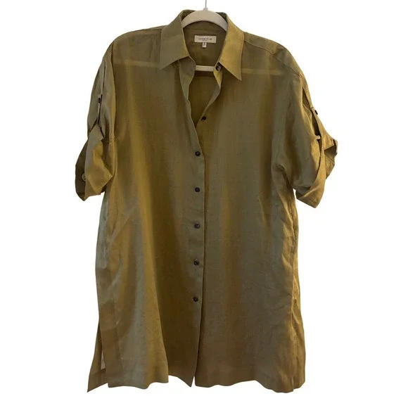 Lafayette 148 New York Ramie Tencel Button Down Shirt Olive Green Roll Tab Small - Picture 2 of 5
